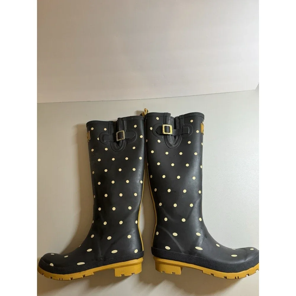 Joules Womens Molly Welly Tall Rain Boots, Polka Dot US Size 8 Black Yellow Cute